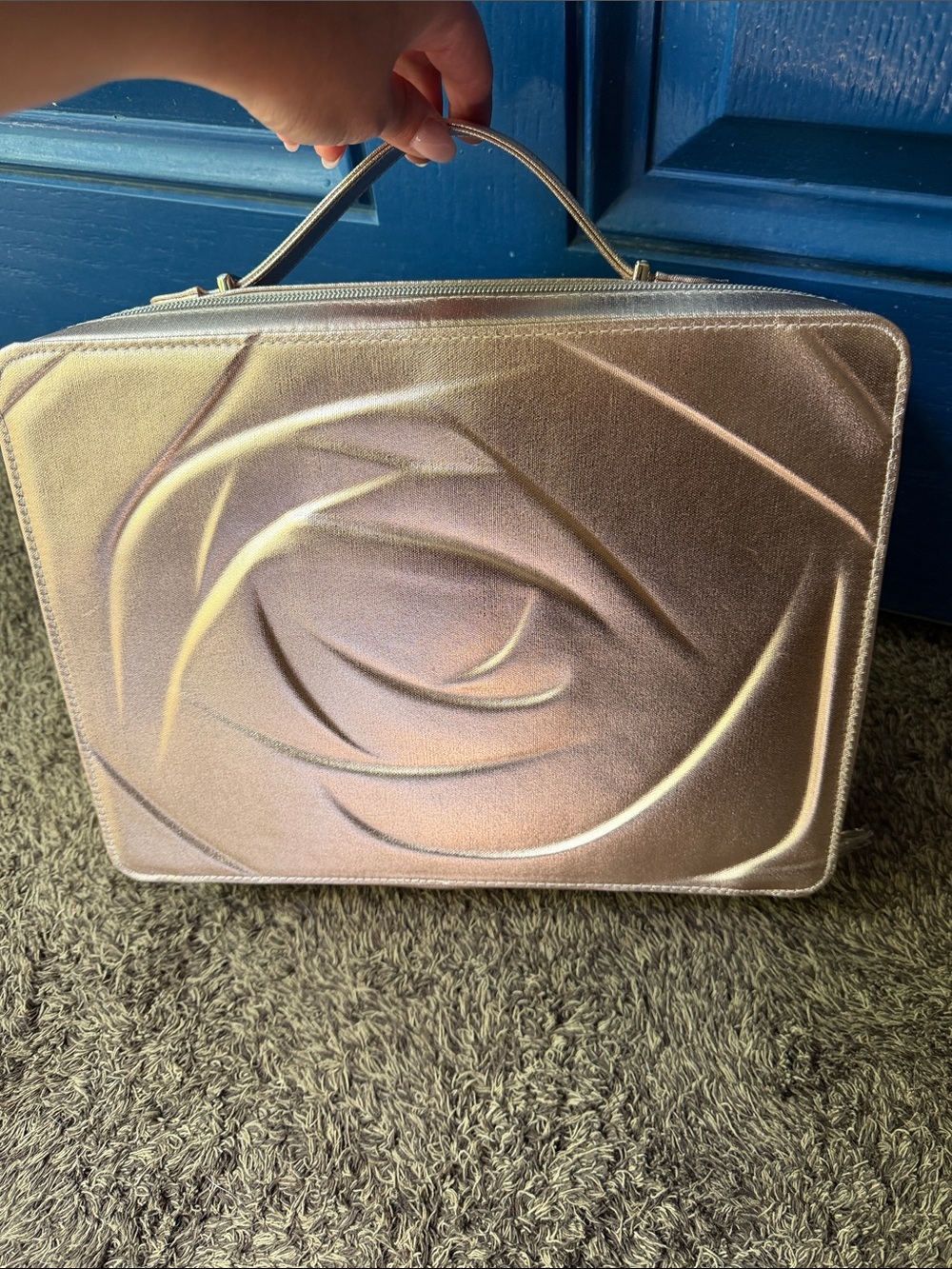 New Lancome Metallic Rose-Embossed Cosmetic Case in Shimmery Rose Gold